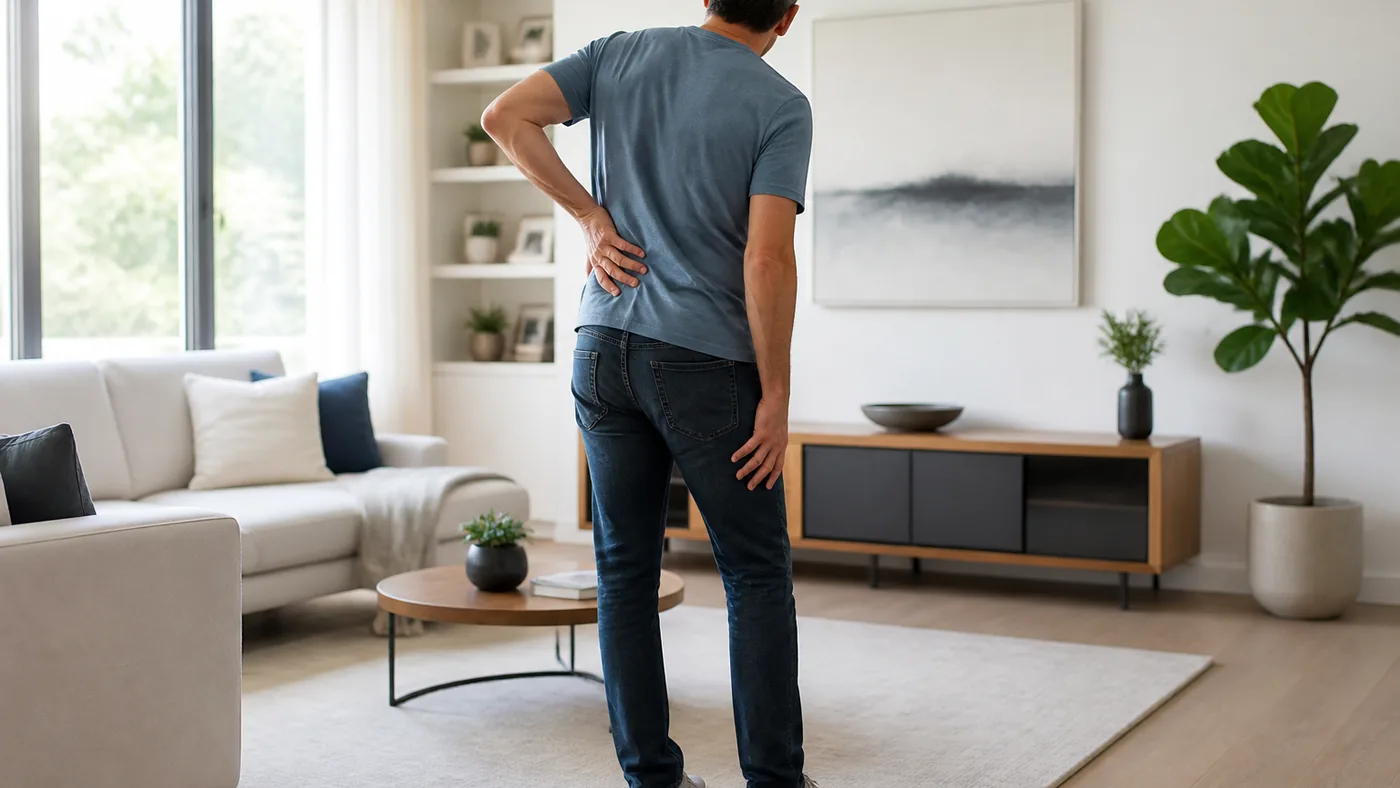 Adulte debout dans un salon lumineux, une main sur le bas du dos, l'autre le long de la cuisse